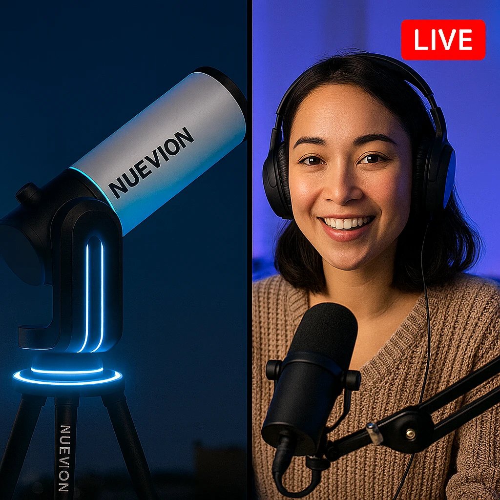 A person live streaming with a telescope visible.