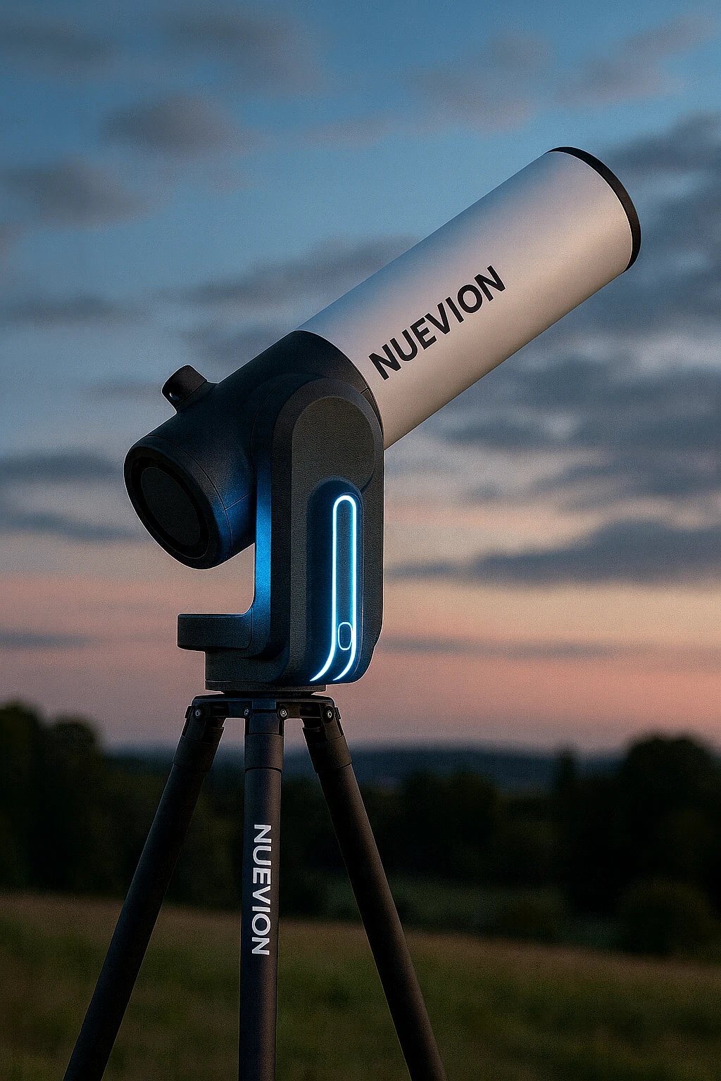 A modern telescope with glowing blue lights against a dusk sky.