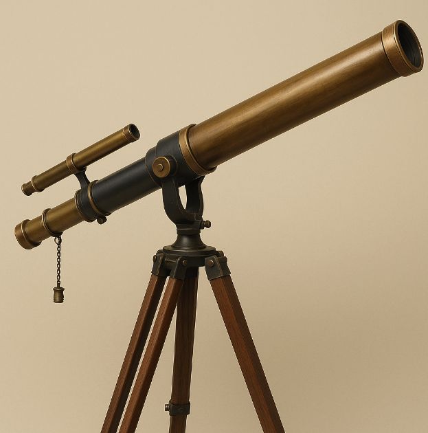A classic brass telescope on a wooden tripod.