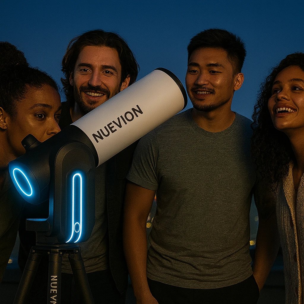 A group of friends looking at a telescope.