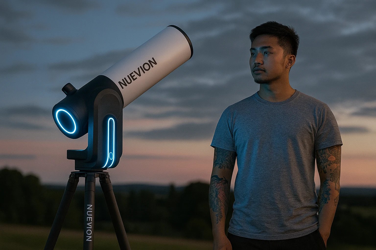 A person standing with a telescope against a sunset.